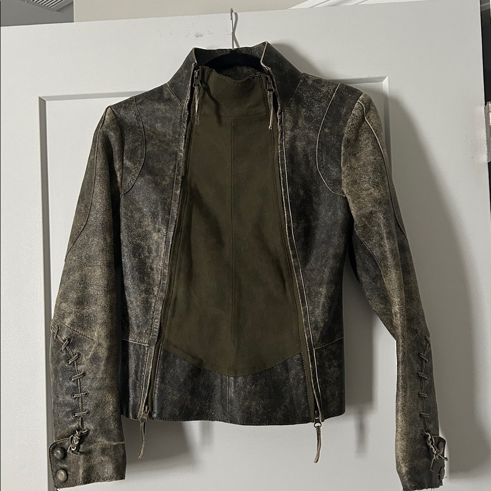 Vintage-Inspired Leather Jacket in Olive and Brown